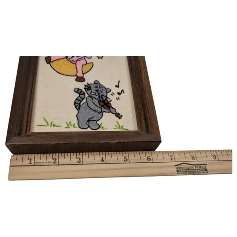 Completed Embroidered Cow Jump Over Moon Fiddle Cat Framed Frame 6x8